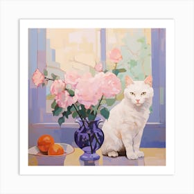 White Cat With Roses Art Print