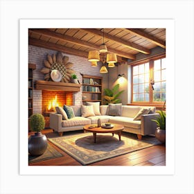 Cozy Living Room With Fireplace And Large Window 1 Art Print