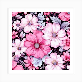 Floral Fantasia A Vibrant Pattern Bursting With Baby Pink White Flowers Perfect For Those Pink Flowers On Black Background Art Print