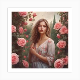 Wall painting of a beautiful girl in a rose garden Art Print