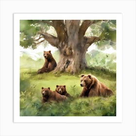 Brown Bears Under A Tree Art Print