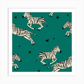 Zebras in love Running - seagreen Art Print