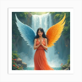 Asian Angel In Front Of Waterfall Affiche