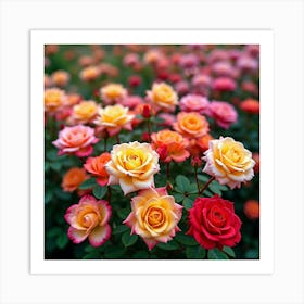 A Vibrant Rose Garden In Full Bloom, Showcasing Various Colors Of Roses 4 Art Print