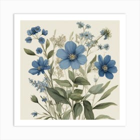 Blue Flowers Farmhouse Botanical Art Print 2 Art Print