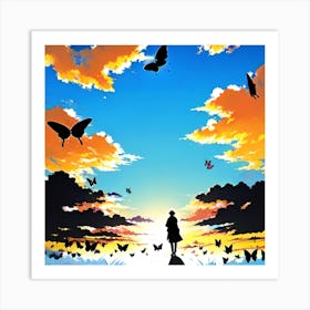 Sunset With Butterflies 1 Art Print