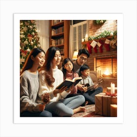 Family Reading Christmas Book At Home Art Print