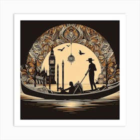 Boho art Silhouette of Gondola and Gondolier 1 Art Print