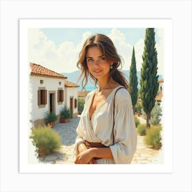 Beautiful Greek Woman In Watercolor, With The Timeless Allure Of A Traditional Village Scene 1 Art Print