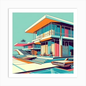 Graphic Illustration Of Mid Century Architecture With Sleek Lines And Vibrant Colors, Style Graphic Design 1 Art Print