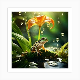 Magnified Single Drop Of Water Cradling A Miniature Ecosystem Tropical Forest With A Green Frog Per Art Print