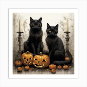 Two Black Cats With Pumpkins Art Print