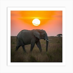 Elephant At Sunset Art Print