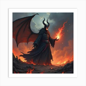 Demonic Sorcerer Casting Black Magic Over Fiery Land 1 Art Print