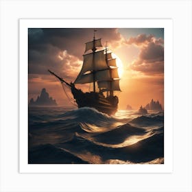 Sailing Ship At Sunset Art Print