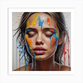 Portrait of a woman crying with tears of paint, glossy painting 1 Art Print