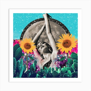 Sunflower Cactus Moon Babe Collage Square Art Print