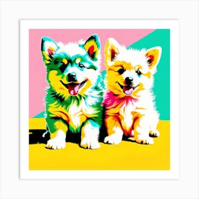 'American Eskimo Dog Pups' , This Contemporary art brings POP Art and Flat Vector Art Together, Colorful, Home Decor, Kids Room Decor,  Animal Art, Puppy Bank - 21st Art Print