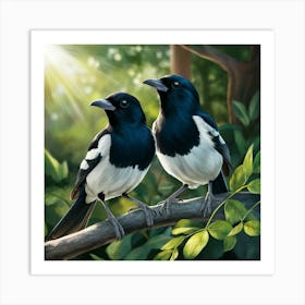 Curious Companions: Magpies in a Sunlit Forest - A Vivid Digital Illustration 2 Art Print