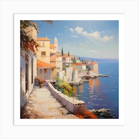 AI Golden Serenity: Echoes of Monet's Seaside Stroll  Art Print