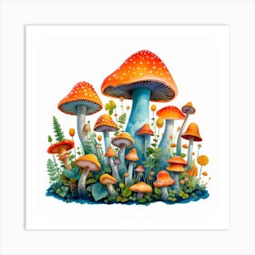 Mushrooms And Ferns Art Print