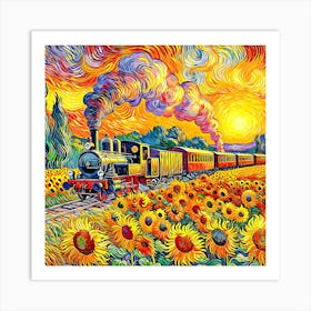 Sunflower And Train Art Print