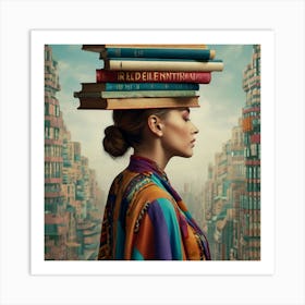 Surreal Poise: A Dance of Books and Color Art Print