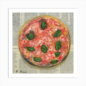 Red Pizza with Cheese and Basil Italy Kitchen Food On Newspaper Italian Oil Painting Rustic Farmhouse Decor Art Print