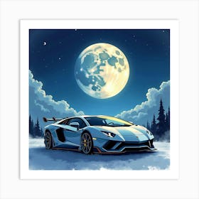 Lamborghini Sián With A Watercolor Moonlit Night Sky 1 Art Print