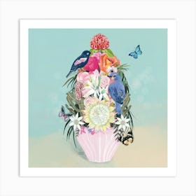Flower And Bird Bouquet with Butterflies Art Print