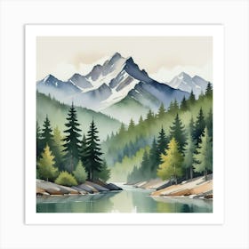 Mountain And Forest In Minimalist Watercolor Horizontal Composition Art Print 2 Art Print