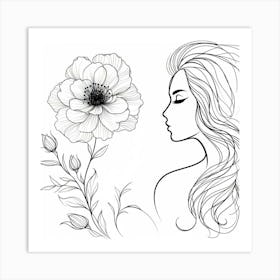 Beauty And Flower - Sketch Line Drawing Art Print