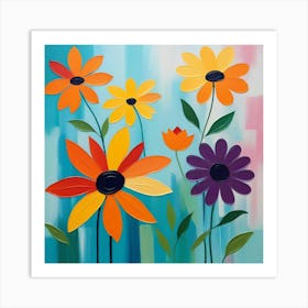 Flowers On A Blue Background Art Print