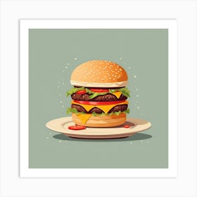 Hamburger Burger Tomatoes Vegetables Snack Dinner Lunch Patty Buns Sesame Cheese Food Cartoon Art Print