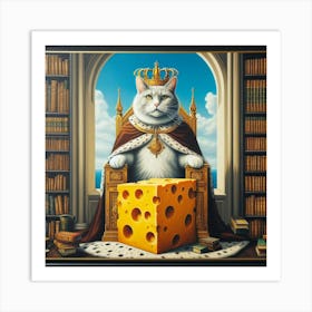 A Surreal and Realistic Portrait of a Cat in a Crown and a Cape, Sitting on a Cheese Throne in a Book Castle Art Print