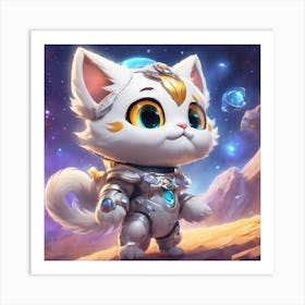 A Super Cute Chibi Zodiac Cat, In The Universe, With Snowwhite Shiny Fur, Happy Smile, Happy Smile, (1) Art Print