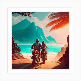 Two People Riding Motorcycles On The Beach Art Print