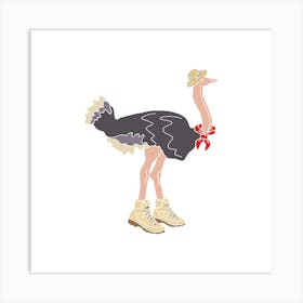 Explorer Ostrich With Hat, Neckerchief And Walking Boots, Fun Safari Animal Print, Square Art Print