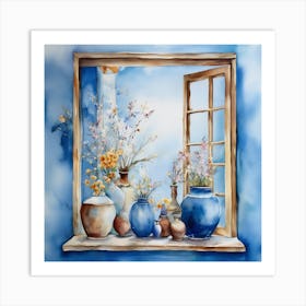 Blue wall. Open window. From inside an old-style room. Silver in the middle. There are several small pottery jars next to the window. There are flowers in the jars Spring oil colors. Wall painting.47 Art Print