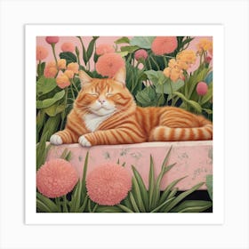 Default Napping Ginger Cat In Pink Garden Room Art 0 Art Print