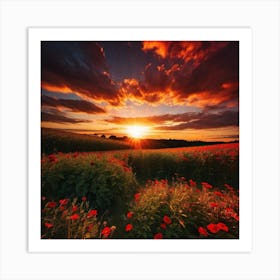 Sunset Over A Field Of Poppies 1 Art Print