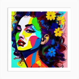Colorful Girl With Flowers Art Print