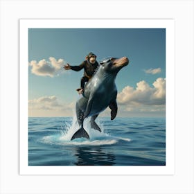 Monkey Riding A Dolphin Art Print