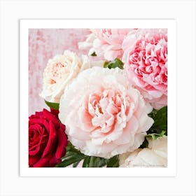 Close Up Of A Bunch Of Peonies And Roses With Detailed Texture Symbolizing Love And Nature Framed (1) Art Print