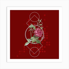 Vintage Blood Red Bengal Rose Botanical with Geometric Line Motif and Dot Pattern n.0003 Art Print