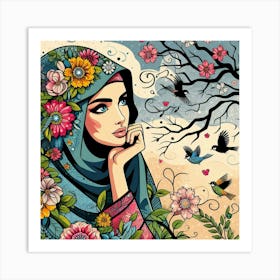 Muslim Girl With Birds Art Print