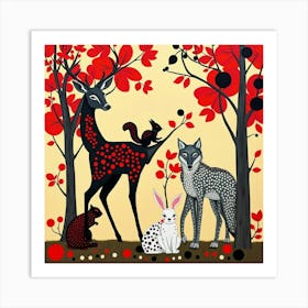 Deer And Fox In The Forest Art Print