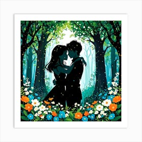 Couple Kissing In The Forest, Silhouettes Of Two People Hugging Surrounded By Elements Of Nature Flowers Trees Growing , Silhouette Of Couple In The Forest 2 Art Print