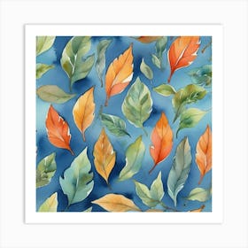 Watercolor Leaves On Blue Background Art Print Art Print