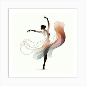 Title: "Rhapsody in Lines: The Graceful Pivot"  Description: "Rhapsody in Lines: The Graceful Pivot" is an exquisite digital artwork that captures a ballet dancer's poised pirouette, illustrated through a cascade of flowing, ribbon-like lines. The warm, earthy color palette elegantly transitions through her dress, symbolizing the fluidity and warmth of her dance. Ideal for connoisseurs of modern ballet art, lovers of abstract line art, and those seeking a touch of sophistication, this piece conveys both motion and emotion in a single, harmonious gesture. Elevate your art collection with this blend of contemporary grace and artistic allure. Art Print